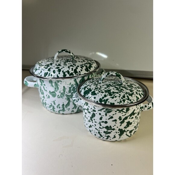 Green White Splatter Granitewear Enamelware Pots with Lids Set of 2 VTG 5-6 In - Picture 1 of 9